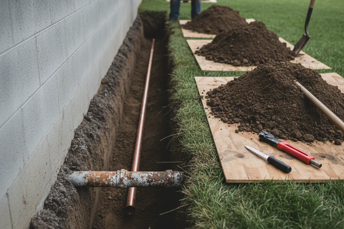 Excavated water line trench during Sewer Line Repair in Coalton